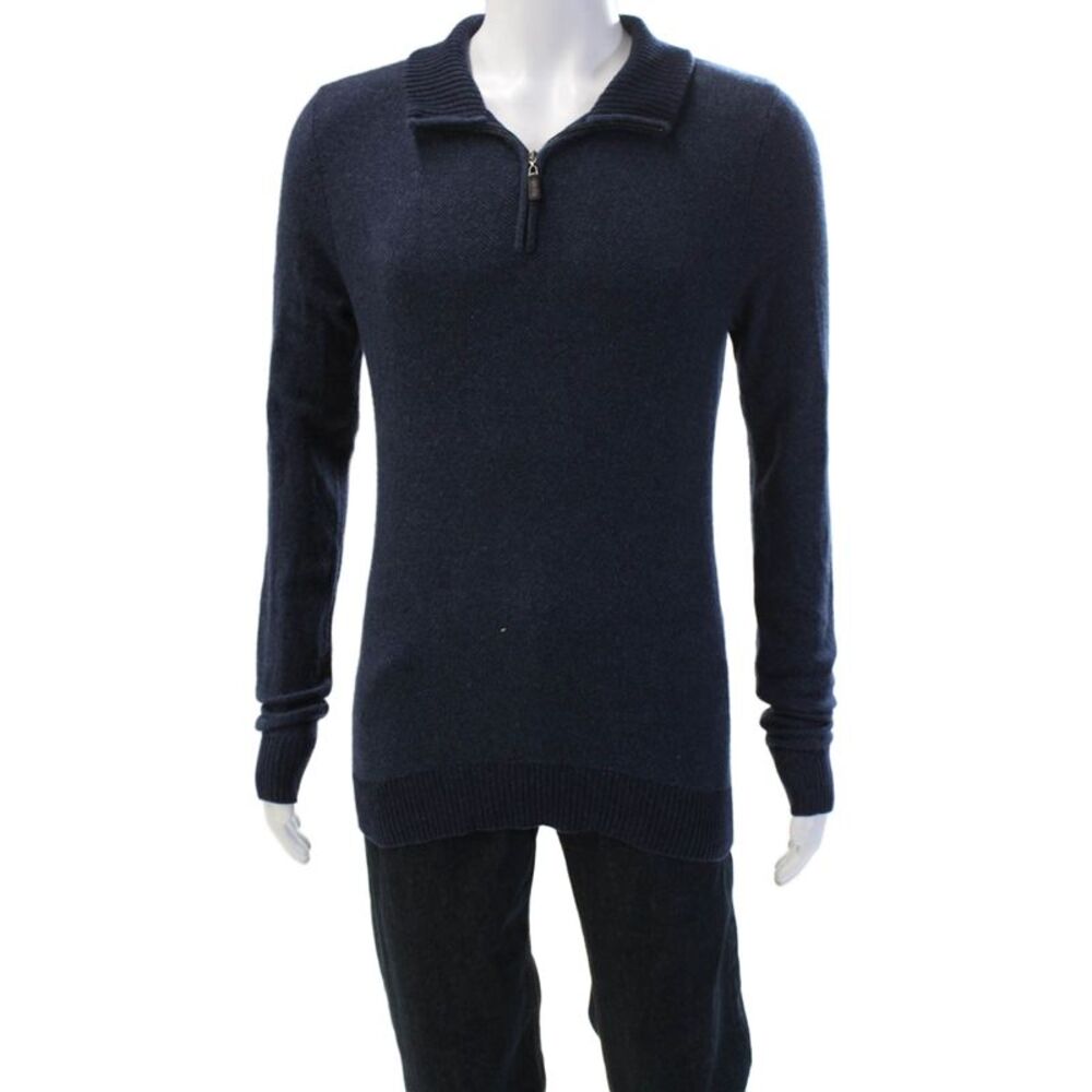 Piattelli Mens Pullover Sweater Dark Blue Cashmere Wool Collared Zip Size M